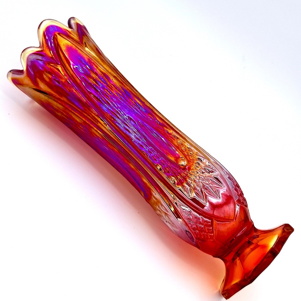 π SOLD π Carnival Glass Swung Vase Vintage Orange Red Eclectic Artistic Decor - Picture 1 of 10